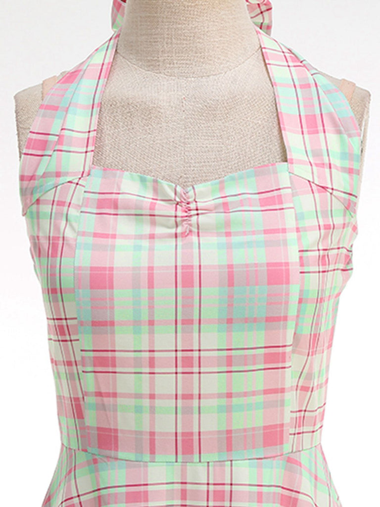 Robe dos nu à carreaux rose pâle années 50