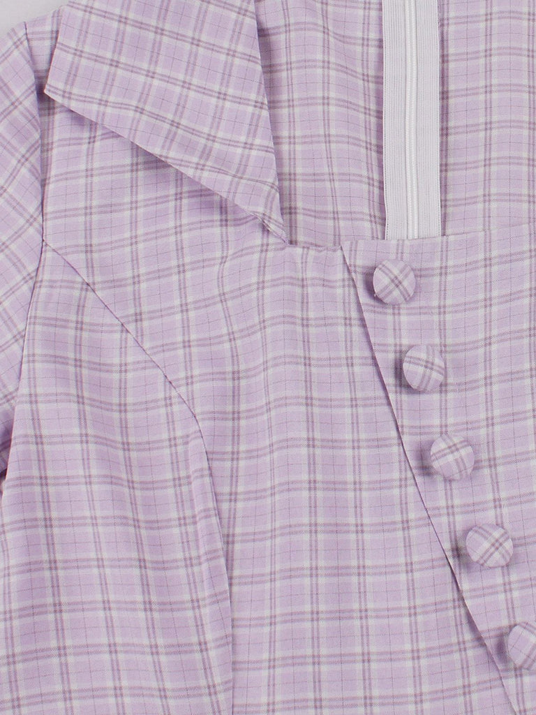 Robe Évasée Boutonnée Col Carré À Carreaux Violette Année 1950