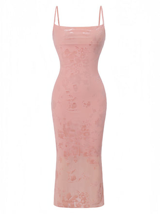 Rose Jacquard Satin Halter Moulante Robe Années 1960 2
