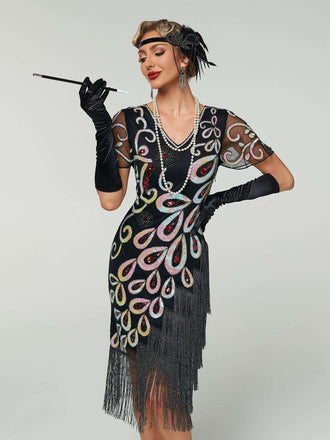 Robe Flapper Paon Paillettes Perles Franges Noire Année 1920