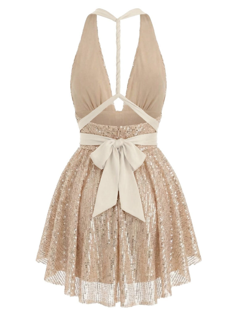 Robe dos nu plongeant à sequins et nœud 1960s
