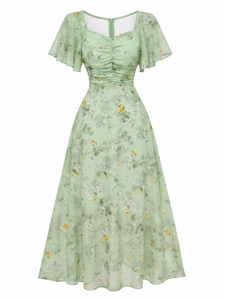 Robe jaune mousseline à manches papillon années 1930
