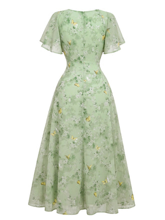 Robe Verte mousseline à manches papillon années 1930