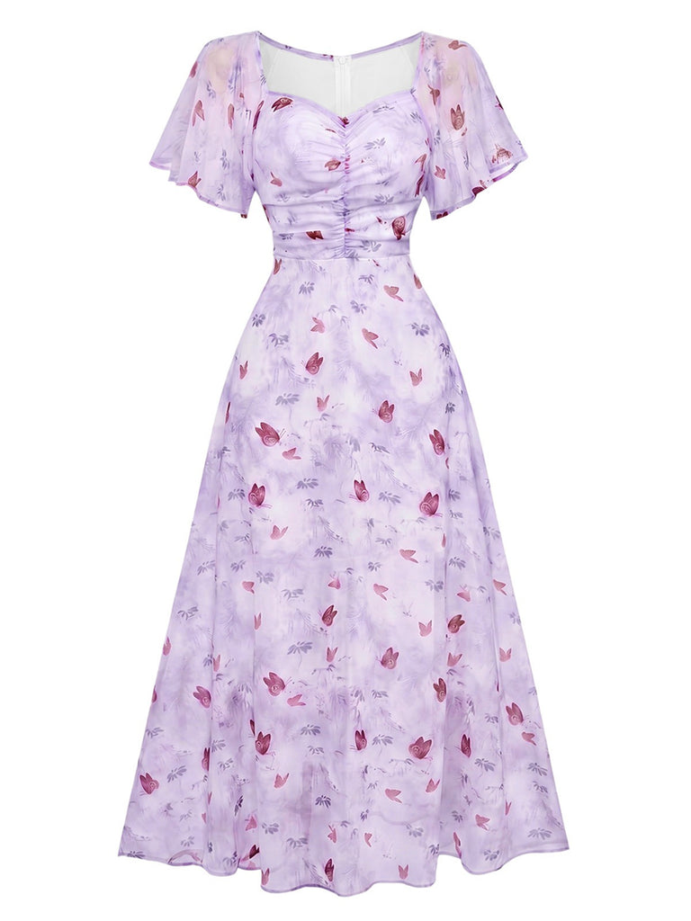 Robe Verte mousseline à manches papillon années 1930
