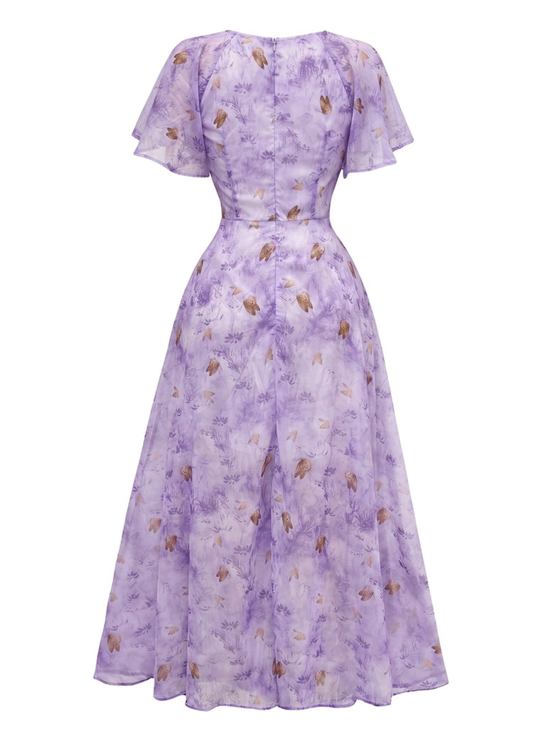Robe jaune mousseline à manches papillon années 1930