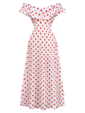 Robe Longue Blanche à Pois Rouges Épaules Dénudées à Volants Années '30 2