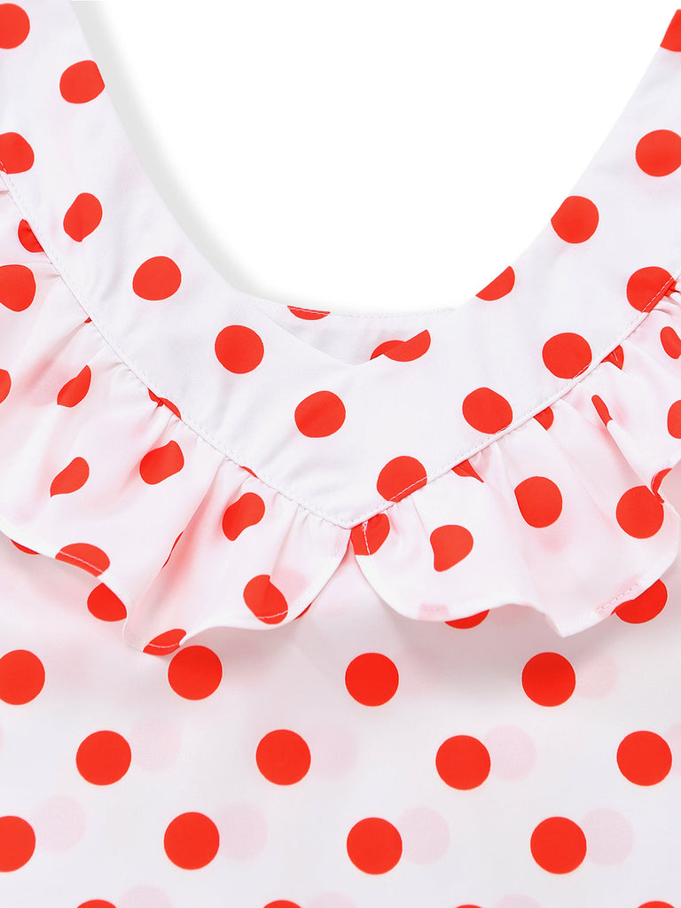 Robe Longue Blanche à Pois Rouges Épaules Dénudées à Volants Années '30 5