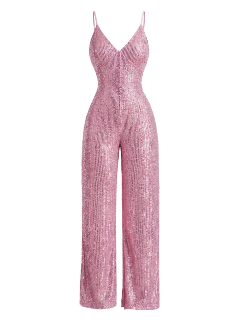 Combinaison rose bretelles spaghetti col V sequins années 1930