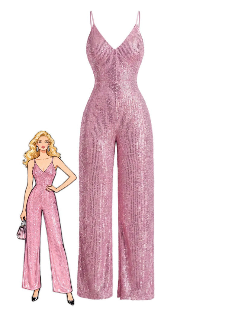 Combinaison rose bretelles spaghetti col V sequins années 1930