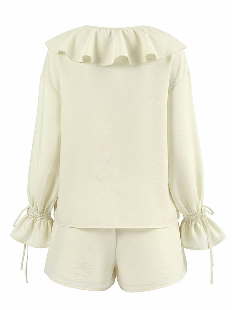 2PCS Beige Volant à Lacets Cardigan & Short Set Années 1940 3