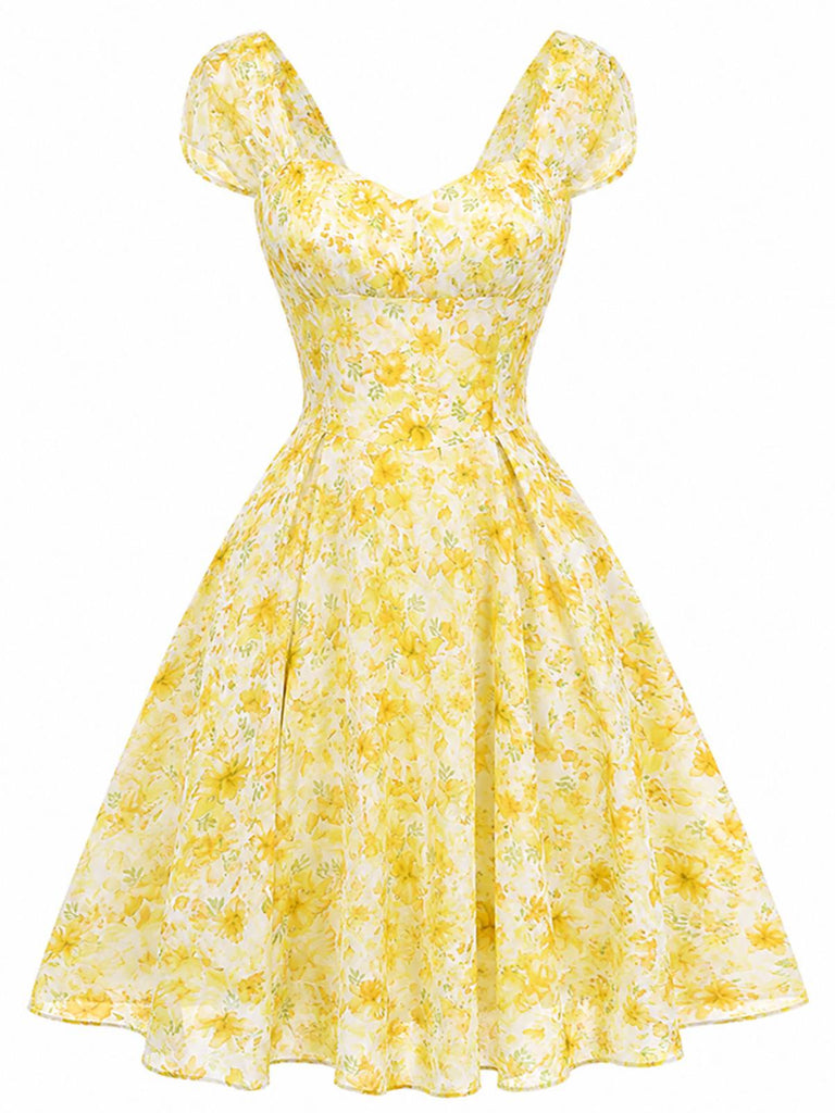 [Prévente] Robe Swing Manches Bouffantes Fleurs Bleu Années 1950