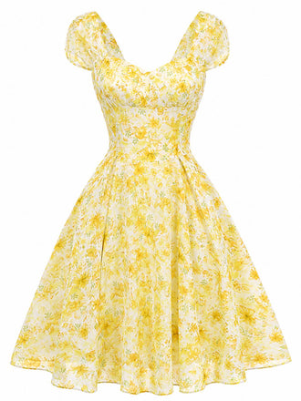 [Prévente] Robe Swing Manches Bouffantes Fleurs Jaune Années 1950