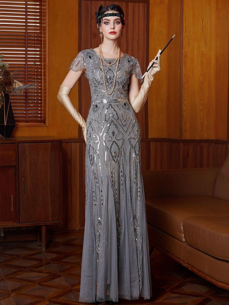 Robe grise à sequins en tulle manches courtes col rond années 1920