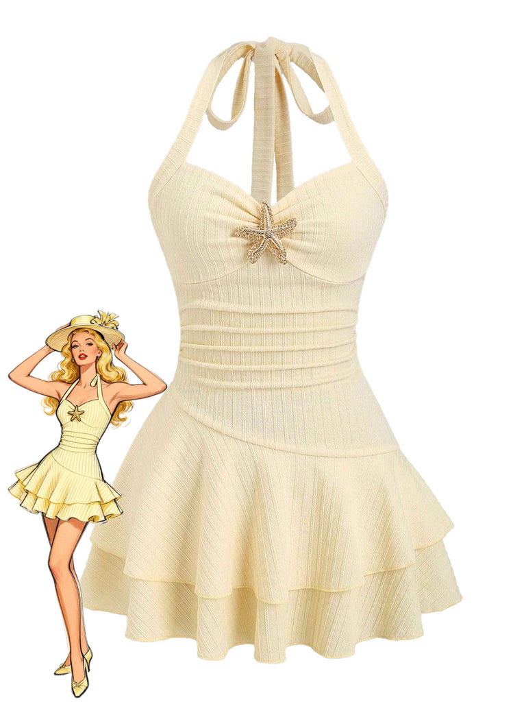 Mini Robe Jaune Halter à Étages avec Étoile de Mer en Métal Années '60