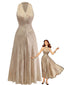 Robe longue sans manches col V lin abricot ceinture années 1940