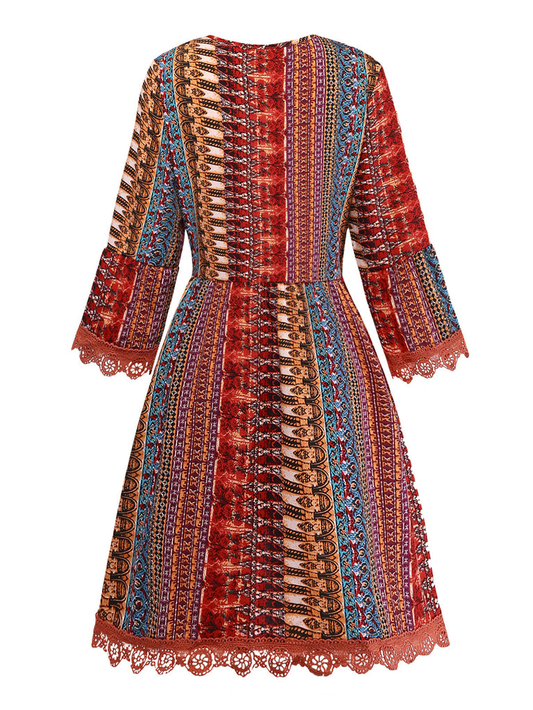 Multicolore Bohème Col V à Volants Étagés Sleeve Robe Années 1970 2
