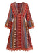 Multicolore Bohème Col V à Volants Étagés Sleeve Robe Années 1970