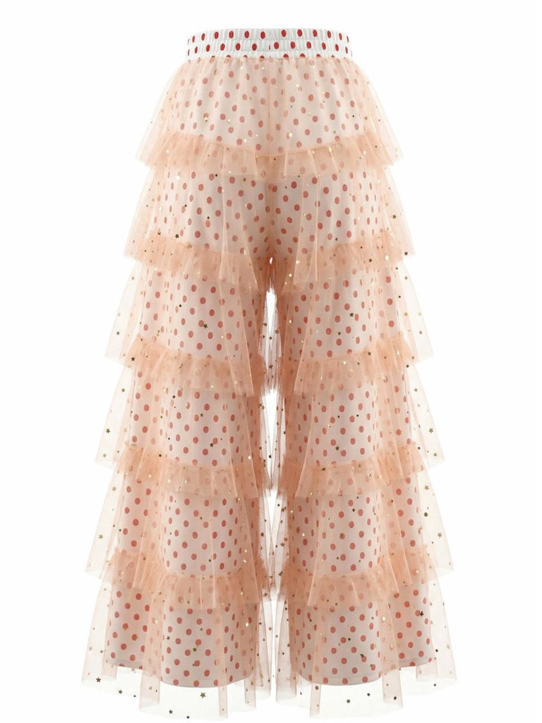 Rose à Pois Tulle à Volants Étagés Volant Pantalon Années 1970 2