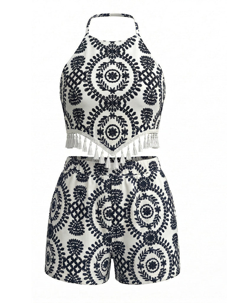 Ensemble 2 Pièces 2PCS Floral Halter Tassel Crop & Shorts Années 1970