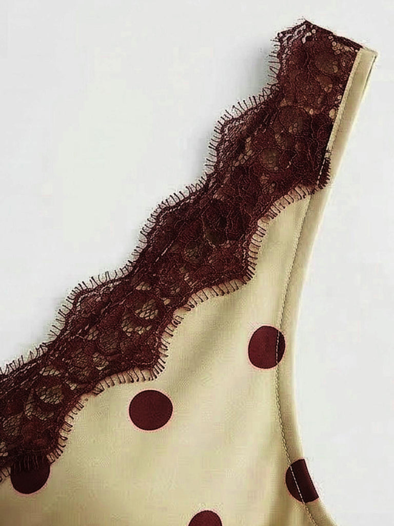 Kaki Col V à Pois Dentelle-Bordure Sans Manches Robe Années 1930 4