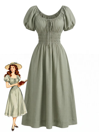 Vert Col Carré Manches Bouffantes Bohème Robe Années 1970