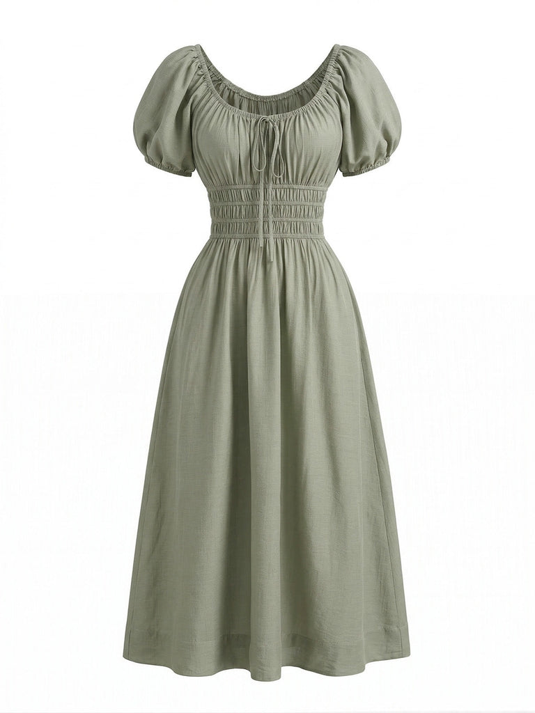 Vert Col Carré Manches Bouffantes Bohème Robe Années 1970 5