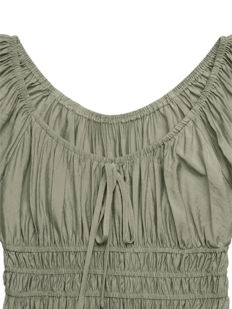 Vert Col Carré Manches Bouffantes Bohème Robe Années 1970 8