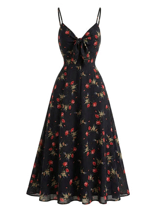 Robe nuisette noire bohème à fleurs col V années 1930