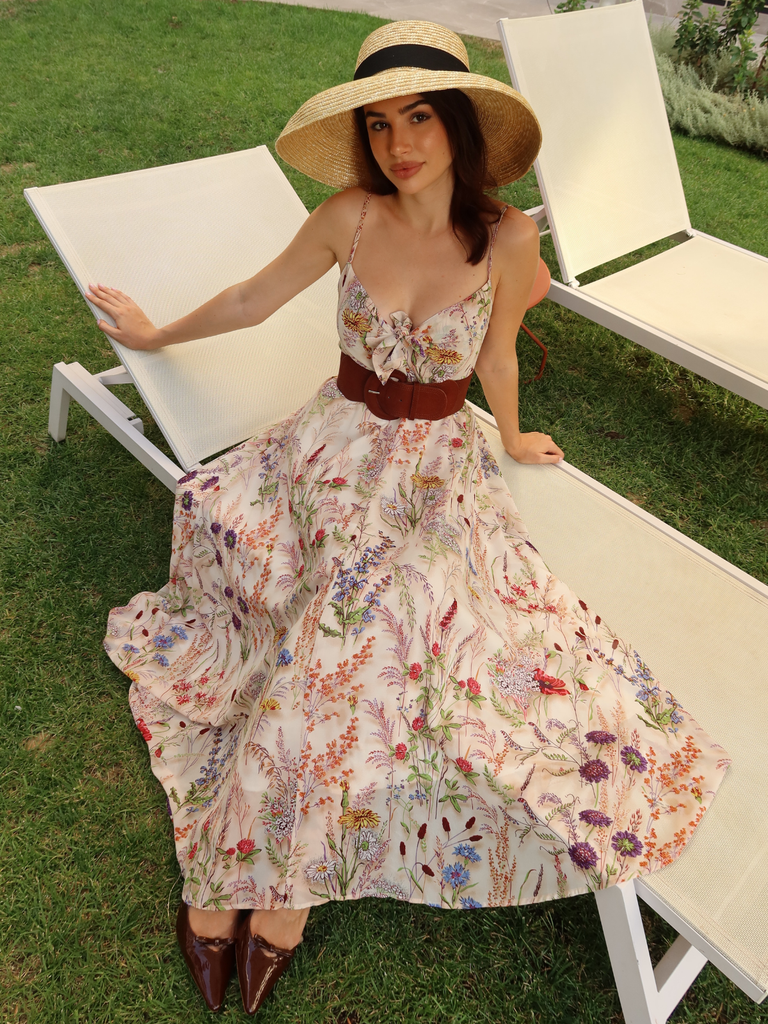 Robe bohème multicolore à fleurs col V années 1930