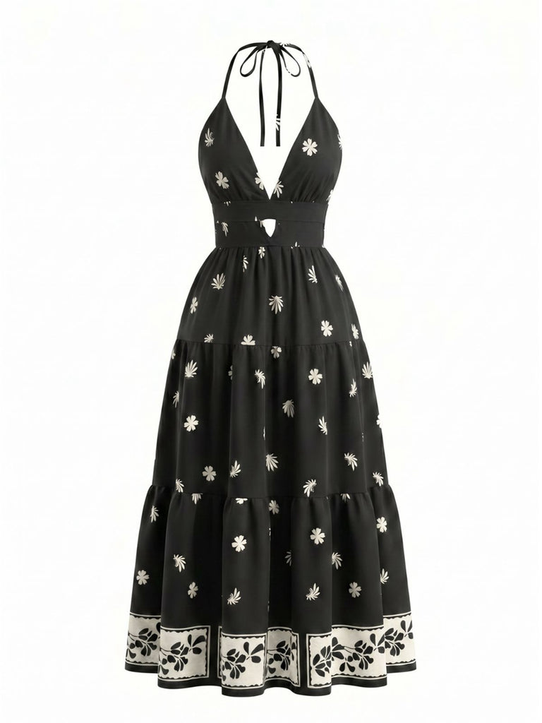 Maxi-robe bohème noire dos nu et col halter années 70