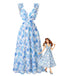 Robe Longue Bleue Florale Bretelles Volants Années 1950