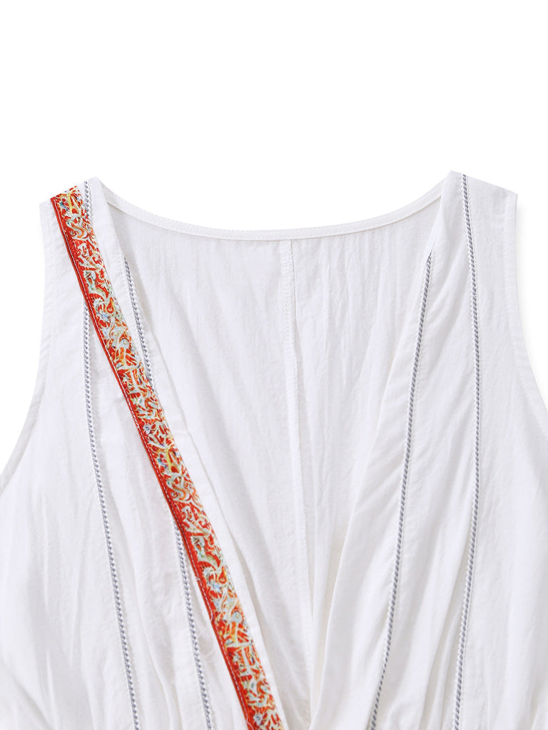 Blanc Col V Sans Manches Bohème Mini Robe Années 1970 4