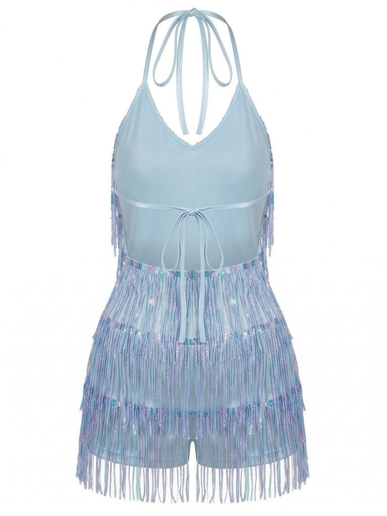 Combishort Bleu Halter à Paillettes et Franges Années '60 4