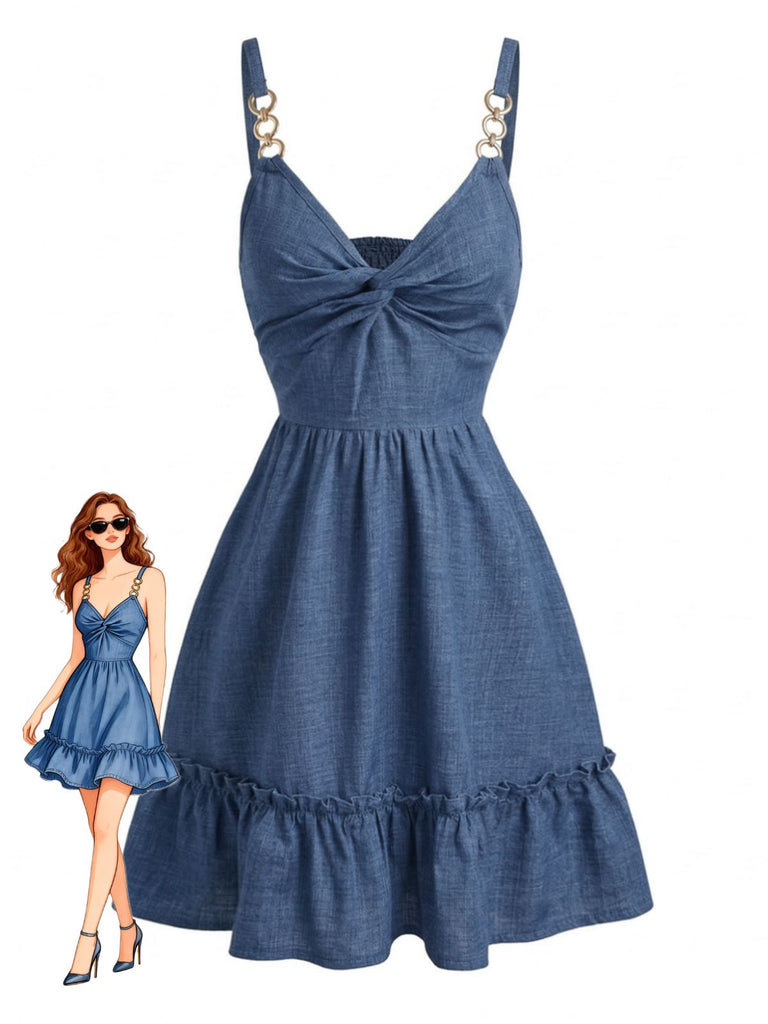 Robe Bleue à Bretelles Fines avec Nœud et Volants Années '60