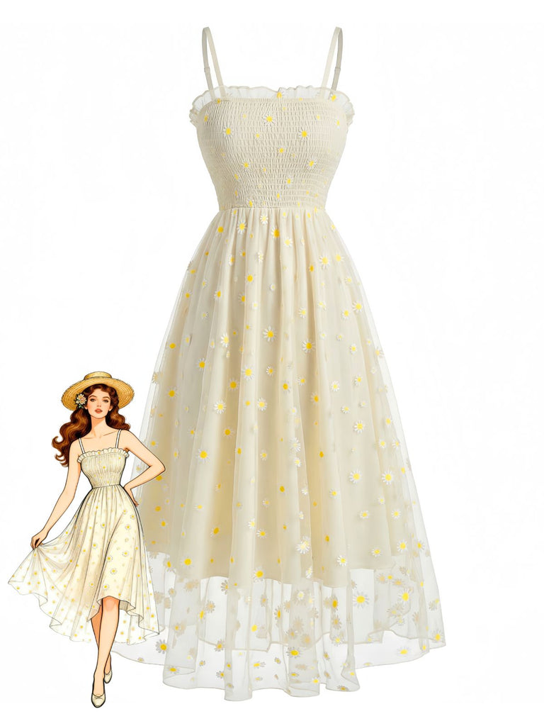 Robe Midi Jaune Clair en Tulle à Broderie de Marguerites et Fronces Années '50