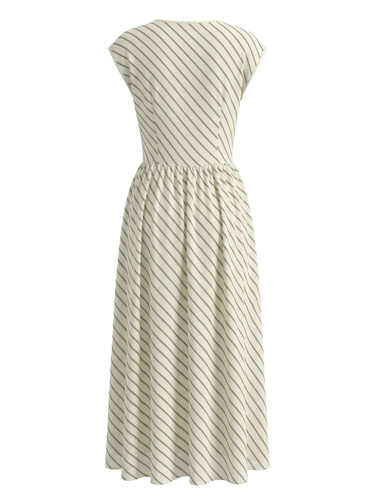 Robe Évasée Beige en Mousseline à Rayures Col Cascadé Années '50 3