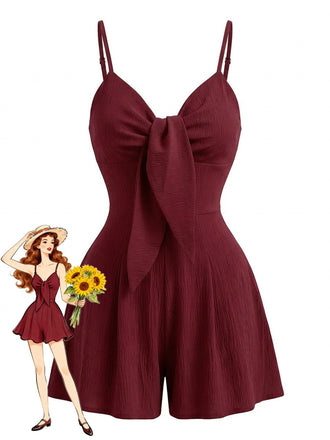 Combishort Rouge Uni à Bretelles Fines avec Nœud et Texture Années '50