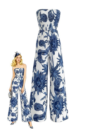 Combinaison Bleue Bustier à Imprimé Céleste et Fronces Années '70