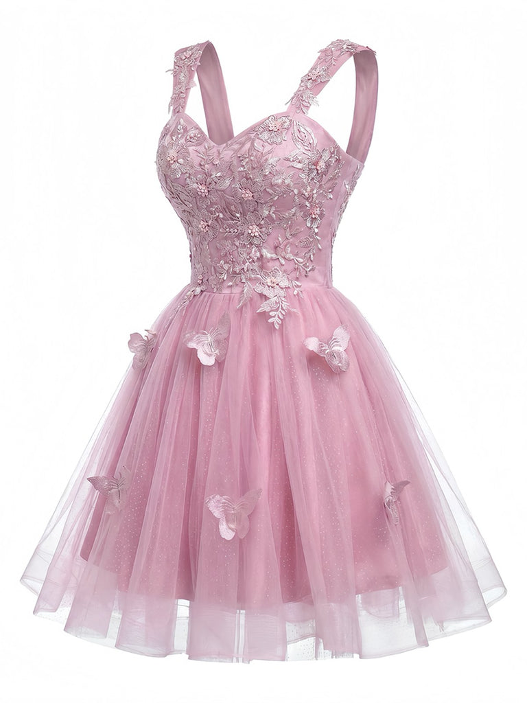 Robe courte rose à paillettes et papillons années 60