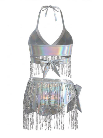 Argent Holographique Sequin Franges Ensemble Bikini & Cache-Maillot Années 1970 2