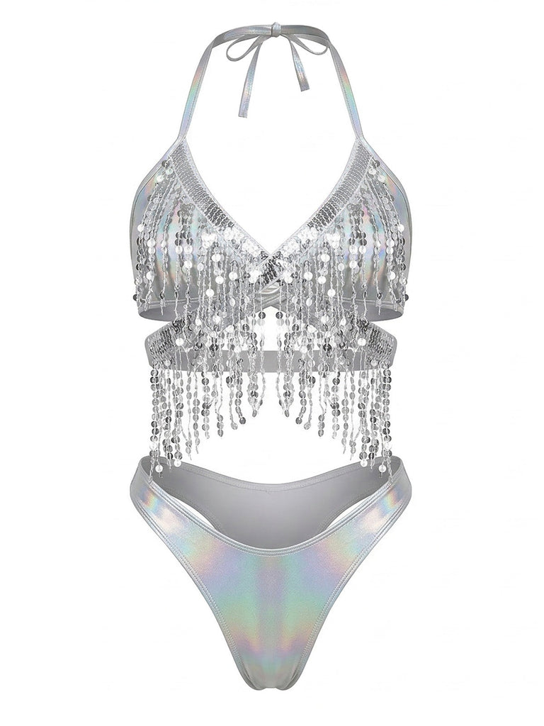 Argent Holographique Sequin Franges Ensemble Bikini & Cache-Maillot Années 1970 5