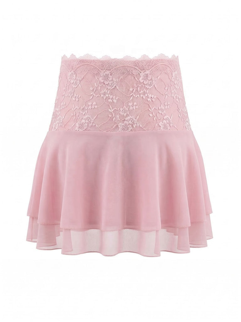 Mini jupe en dentelle brodée rose années 80