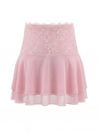 Mini jupe en dentelle brodée rose années 80