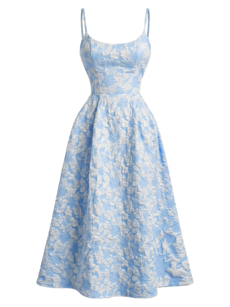 Robe midi bleu fines bretelles floral années 1950