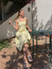Robe midi bleu fines bretelles floral années 1950
