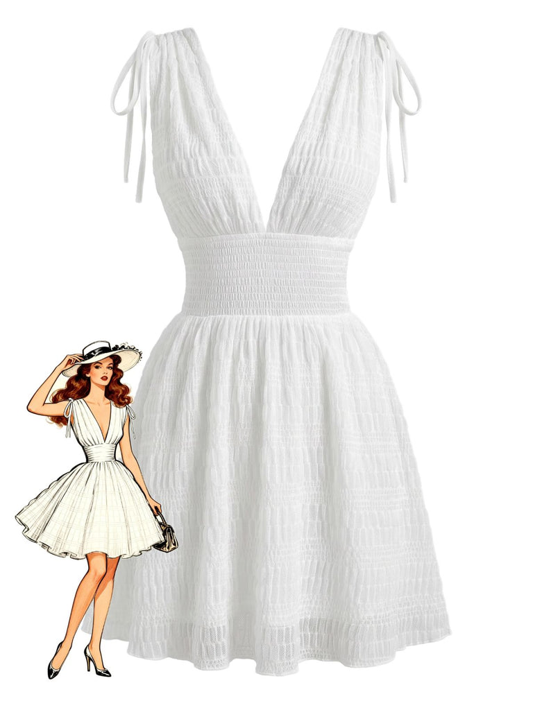 Robe Blanche Sans Manches à Décolleté Plongeant et Taille Froncée Années '50
