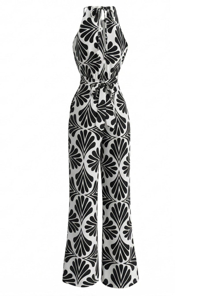 Noir Halter Abstrait Imprimé Ceinturé Combinaison Années 1930 3