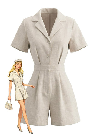 Combishort Uni à Revers avec Poches Beige années 50