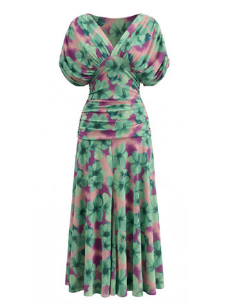 Robe Floral Col V Smocké Waist Vert Années 1940 2