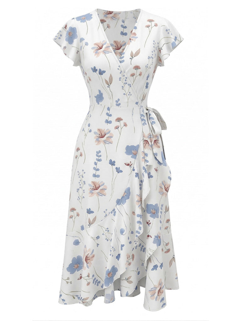 Robe Blanche Col V à Manches Volantées Florale Années 1940